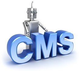 CMS robot standing behind wordpress cms